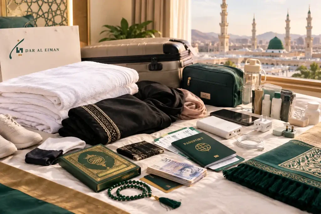 Umrah packing essentials including Ihram, abaya, passport, toiletries, prayer mat and Qur’an