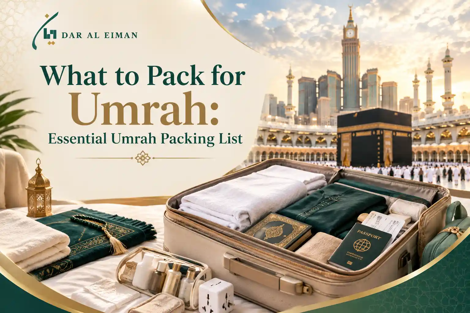 Umrah packing essentials in a suitcase with Ihram, travel documents and prayer items by Dar Al Eiman
